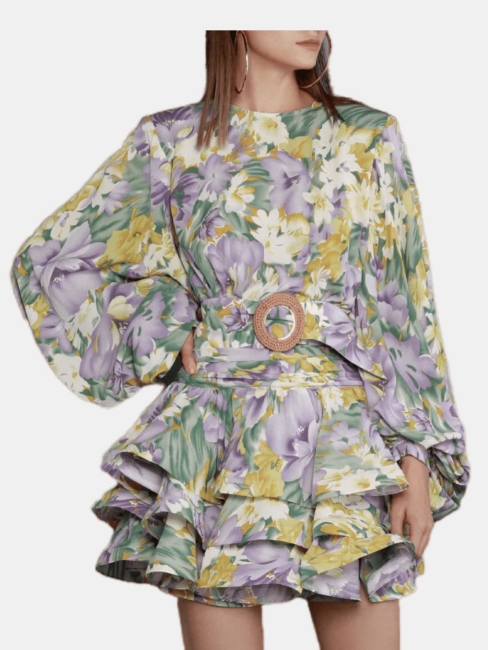 Bronx and Banco Lavender & Yellow Floral Tiered Mini Dress with Woven Belt